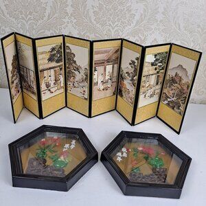 Mini Korean 8 Panel Tabletop Folding Screen & 2 Jade/Coral Asian Shadow Boxes